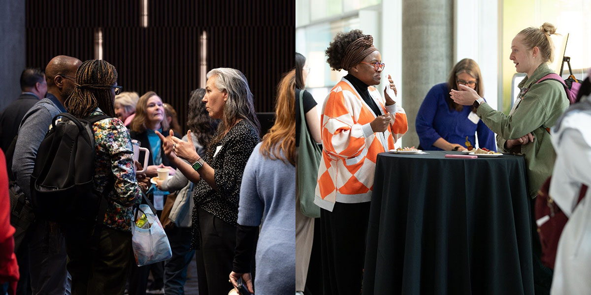 Attendees at a conference speak to each other between sessions