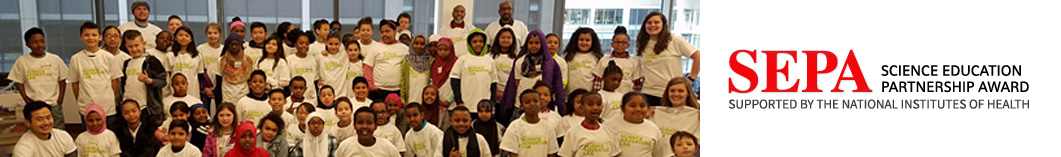 Group photo of students Group photo of students, left, and SEPA logo, right